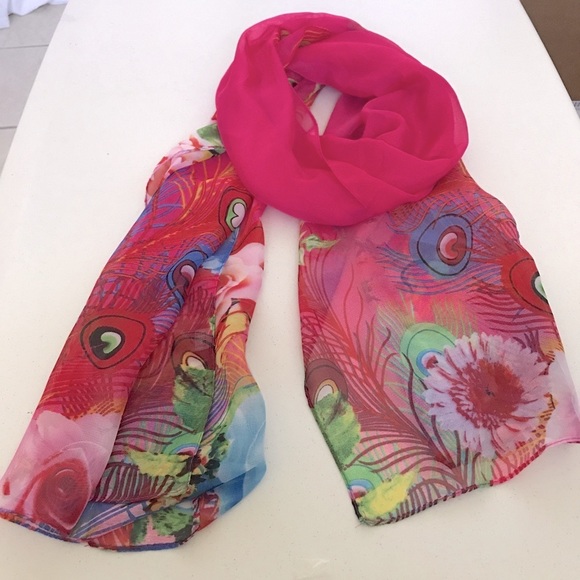 Bright pink long scarf. Peacock feathers/f… - Picture 3 of 7